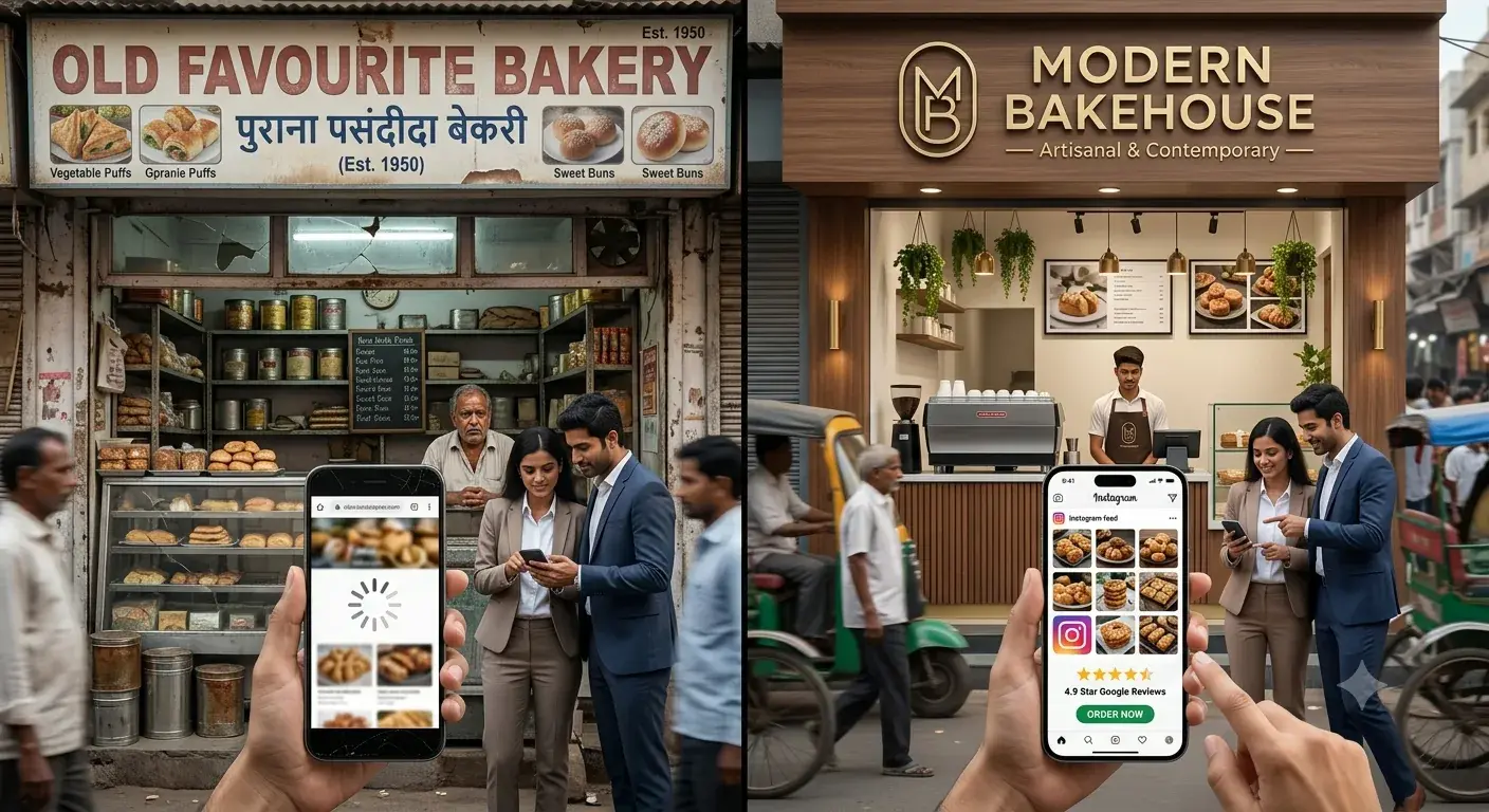 Two bakeries side by side. On the left, an older shopfront with a faded sign and a phone showing a website still loading. On the right, a newer bakehouse with clean branding, an active Instagram feed and 4.9-star Google reviews, where the same two customers are placing an order.