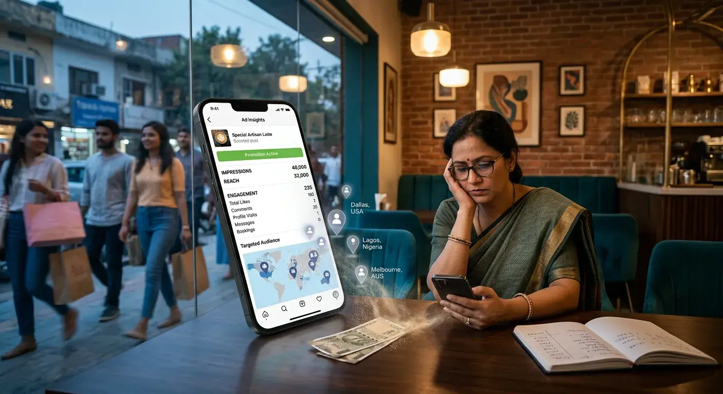 A café owner rests her head on her hand, looking at her phone. The ad insights show 46,000 impressions but only two comments and no bookings, and the targeted-audience map places her reach in Dallas, Lagos and Melbourne rather than her own street. Banknotes on the table dissolve into dust.