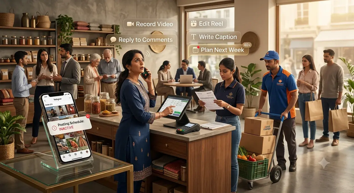 A shop owner takes a phone call while staff handle the till, a delivery arrives and customers wait. Notifications float above her asking to record a video, reply to comments, write a caption and plan next week, and a phone on the counter shows her posting schedule marked inactive.