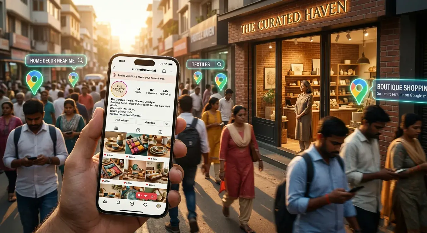 A shop owner watches from her boutique doorway as a busy street passes by. A phone in the foreground shows her Instagram profile with only a few likes per post and a warning that profile visibility is low in her area, while map pins mark nearby people searching for home decor and boutique shopping.